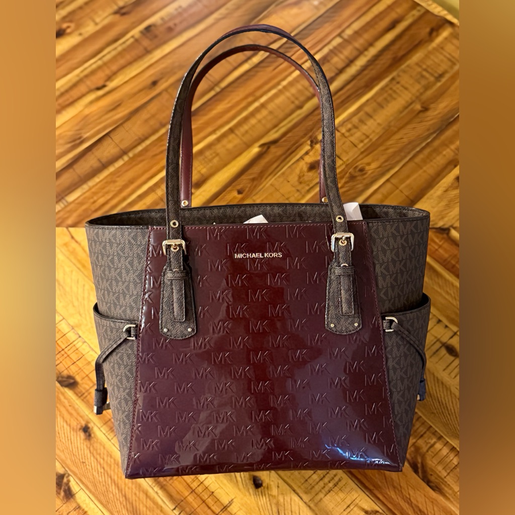 Michael Kors Jet Set Tote Burgundy Patent & Signature Canvas Nwot